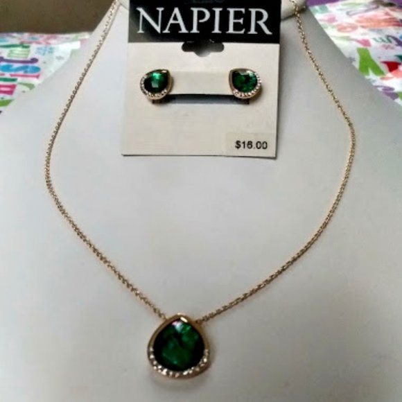 Napier Jewelry - NAPIER Gold Emerald Green + Clear Crystal Pear Shaped Stud Earrings**NEW!